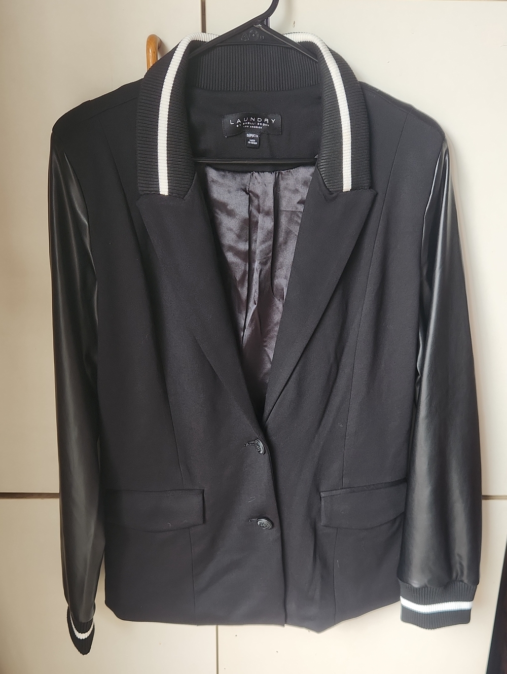 Laundry By Shelli Segal Black Mixed-Media Blazer with Striped Rib Trim